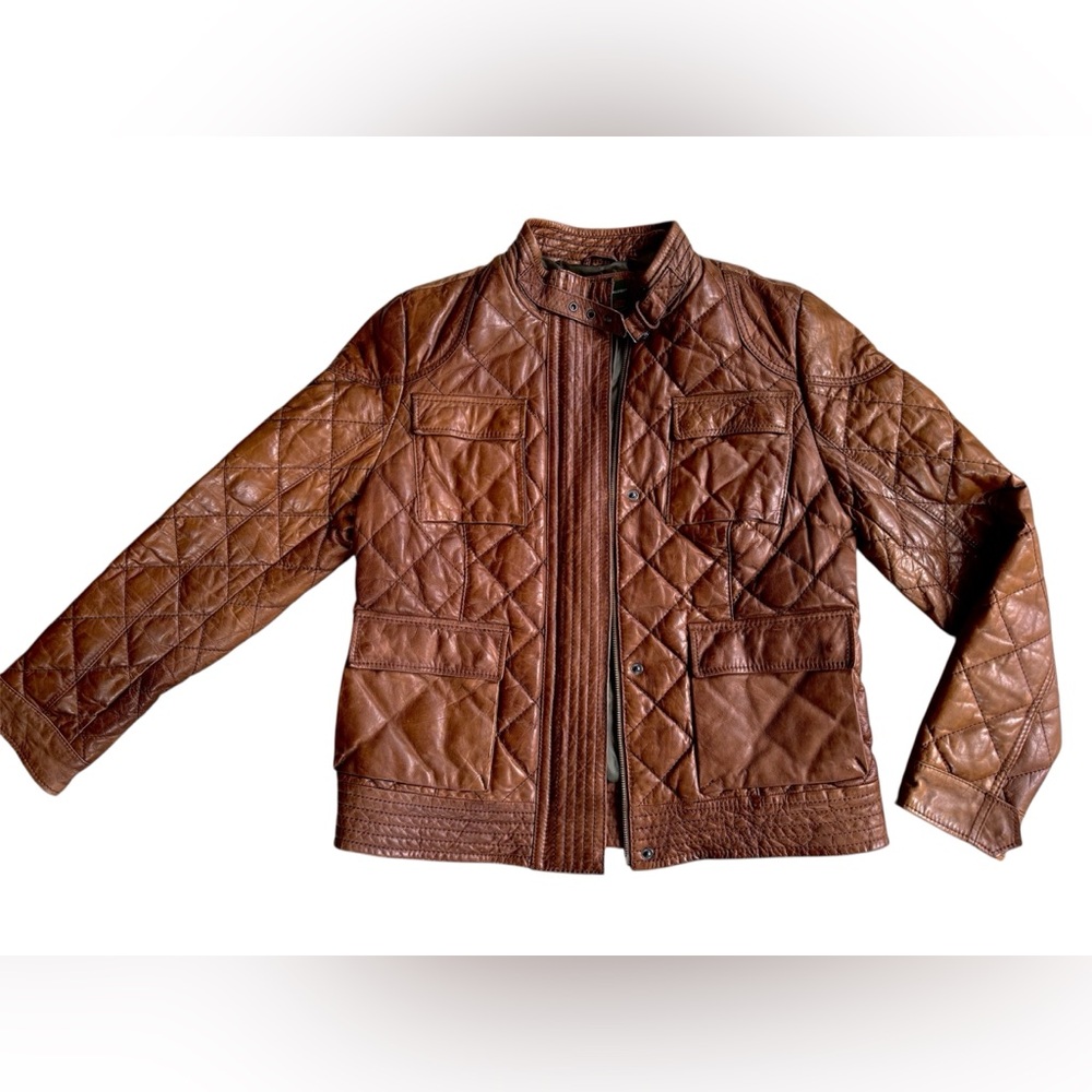 Distressed Brown Fitted Biker Leather Moto quilted jacket coat Sz XL